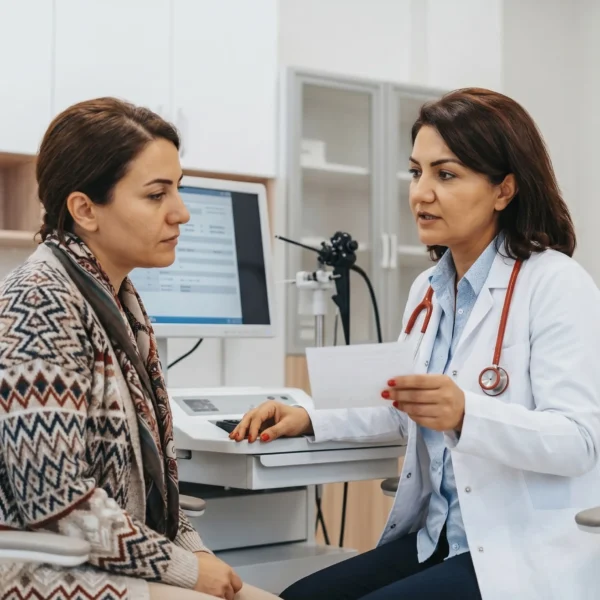 Dr. Pınar Özmanevra endoskopi cihazıyla hasta muayenesi yaparken - MediHeart Tıp Merkezi Güzelyurt KBB bölümü
