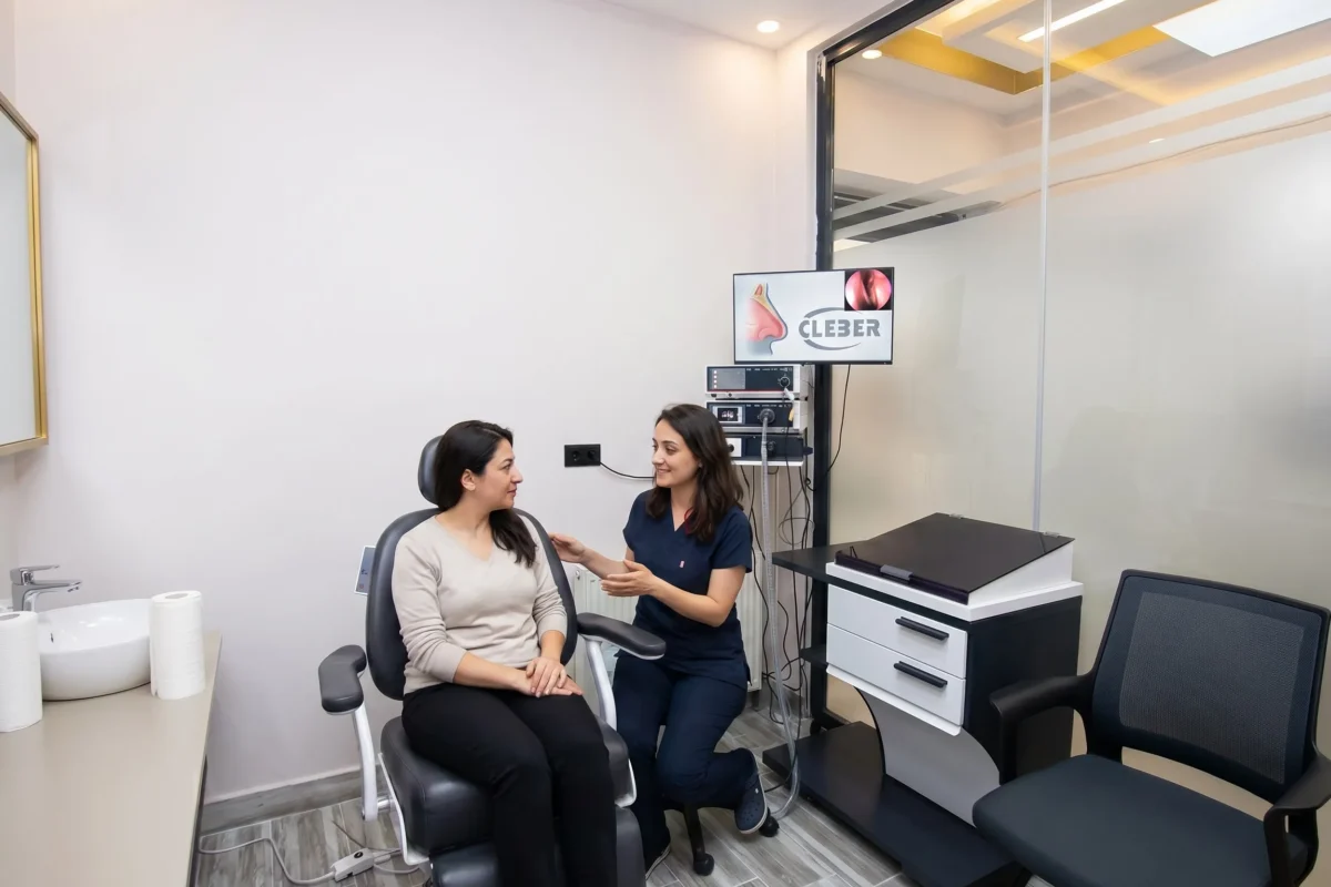 Dr. Pınar Özmanevra endoskopi cihazıyla hasta muayenesi yaparken - MediHeart Tıp Merkezi Güzelyurt KBB bölümü