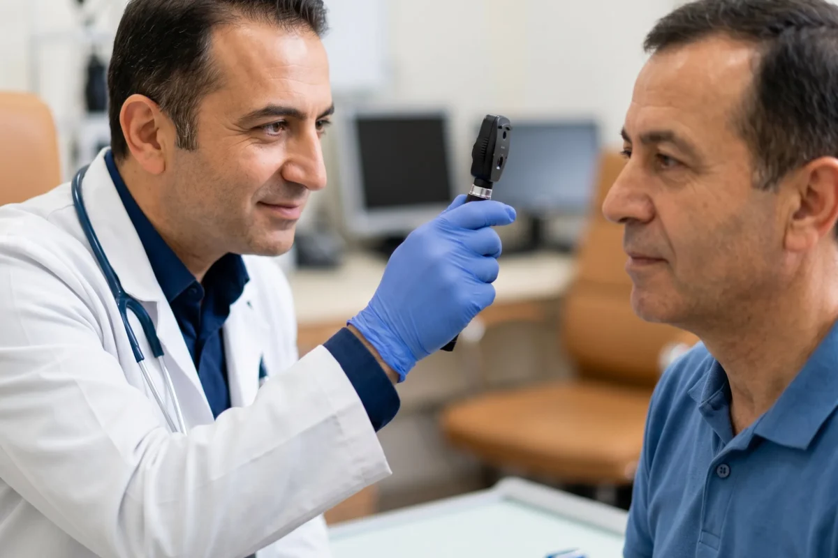Nöroloji uzmanının bir hastaya göz muayenesi yaptığı klinik ortamı