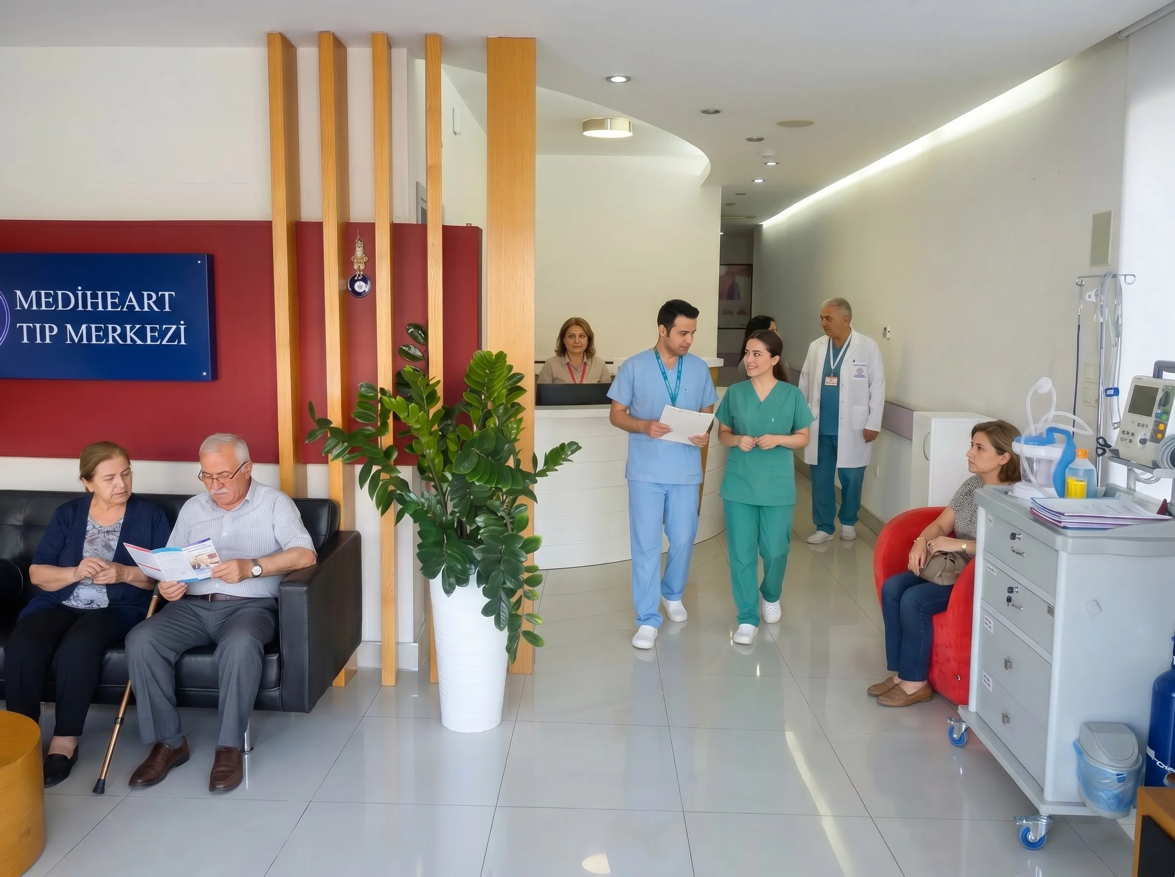 Klinik resepsiyon alanında hasta ve sağlık personelinin bulunduğu bekleme salonu